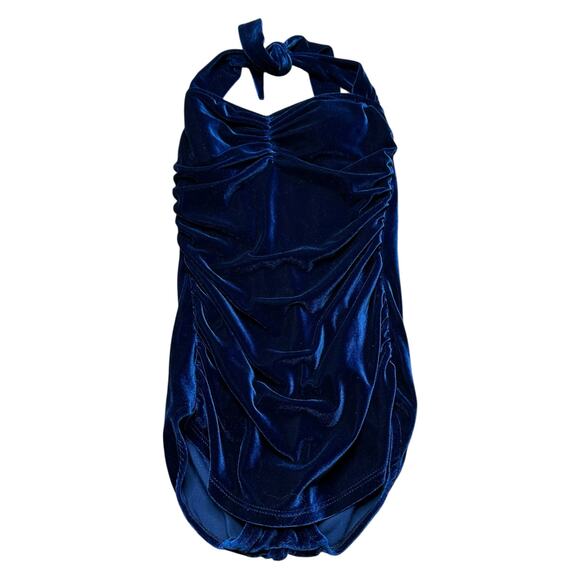 ESTHER WILLIAMS Blue Velvet One Piece Swimsuit Retro Mod Halter Neck Pin Up Girl - Picture 2 of 8